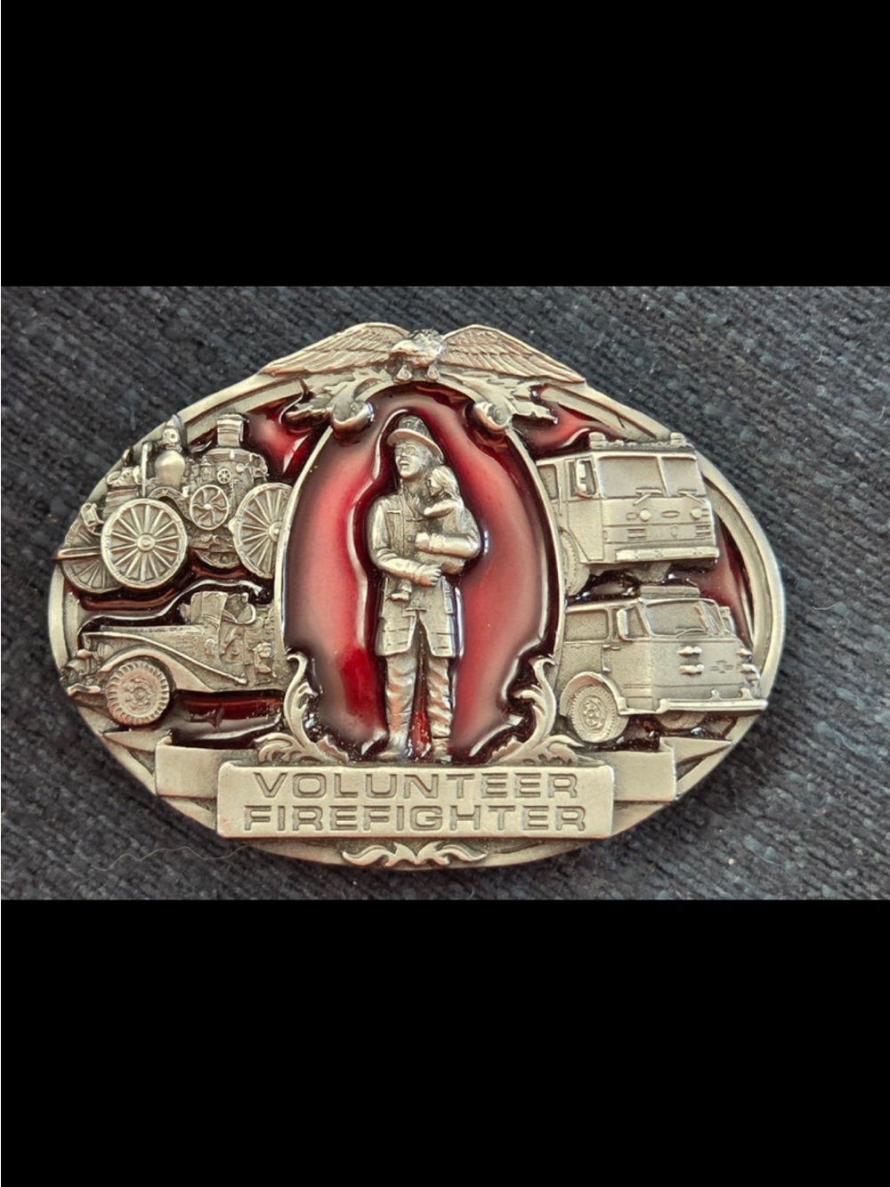 Vintage 1992 Volunteer Firefighter Belt Buckle - Bergamot Brass Works - Red Enam